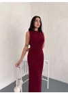 Yandan Buzgulu Kolsuz Yırtmaçlı Uzun Elbise - Bordo