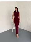 Yandan Buzgulu Kolsuz Yırtmaçlı Uzun Elbise - Bordo
