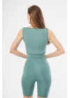 Yüksek Bel Dalgıç Croplu Biker Şortlu Takım - Mint yeşili