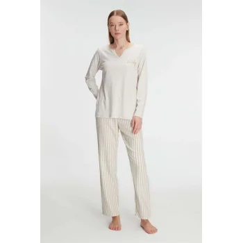 Anıl 11213 Kadın Uzun Kollu Çizgili V Yaka Kışlık Pijama Takımı