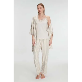 Anıl 11215 Kadın Sabahlık Atlet Pantolon Takım 3lü Pamuklu Gecelik Set