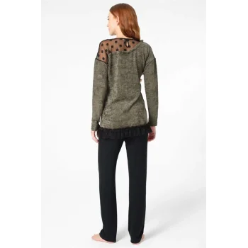 Anıl 9084 Uzun Kol Bisiklet Yaka Polyester Elastan düz Kışlık Örme Normal Bel Transparan Tül Detaylı Pijama Takımı