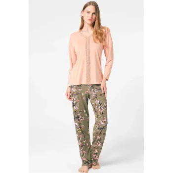 Anıl 9843 Uzun Kol V Yaka Viskon Çiçek Desenli Kışlık Örme Normal Bel Dantel Detaylı Pijama Takımı