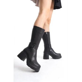 Moki Siyah Cilt Topuklu Çizme