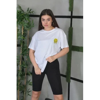 Unisex Bisiklet Yaka Baskılı Oversize T-Shirt - Beyaz