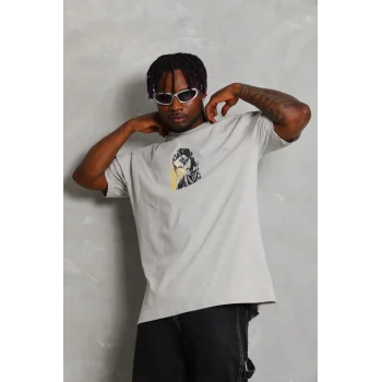 Unisex Oversize Baskılı Bisiklet Yaka T-Shirt - Gri