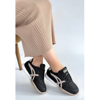 Zlay Siyah Cilt Bej Detaylı Bağcıklı Spor Ayakkabı