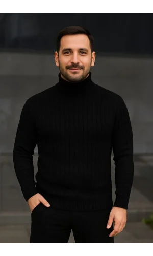 Erkek Balıkcı Yaka Bağazlı Triko Kazak Pamuklu Kalın Fitilli Dokuma, Regular Fit Uzun Kollu Kışlık Model - Siyah