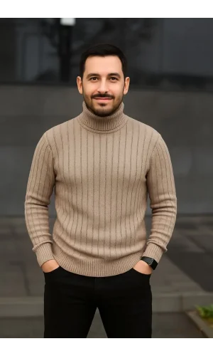 Erkek Balıkcı Yaka Bağazlı Triko Kazak Pamuklu Kalın Fitilli Dokuma, Regular Fit Uzun Kollu Kışlık Model - Bej