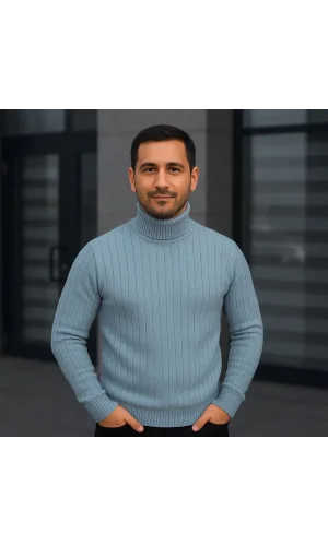 Erkek Balıkcı Yaka Bağazlı Triko Kazak Pamuklu Kalın Fitilli Dokuma, Regular Fit Uzun Kollu Kışlık Model - Bebe Mavisi