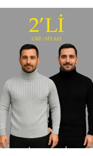 Erkek Fitilli Triko Kazak 2li Set Gri Siyah Regular Balıkcı Yaka Tam Boğazlı Triko Seti Modeli Kazak