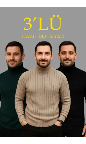 Erkek Fitilli Triko Kazak 3lÜ Set Bej Haki Siyah Regular Balıkcı Yaka Tam Boğazlı Triko Seti Modeli Kazak