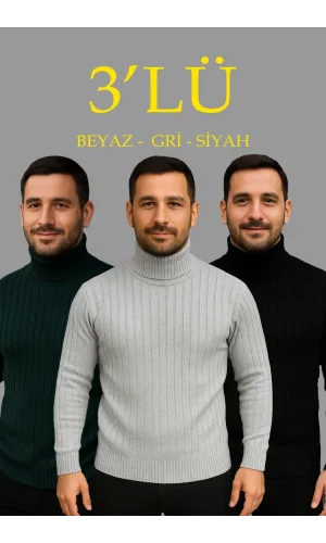 Erkek Fitilli Triko Kazak 3lÜ Set Gri Haki Siyah Regular Balıkcı Yaka Tam Boğazlı Triko Seti Modeli Kazak