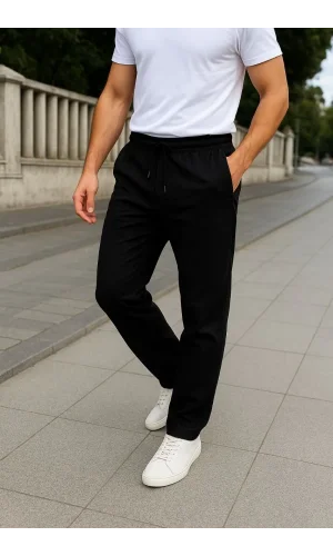 Erkek Keten Pantolon – Cepli, Beli Lastikli ve Bağcıklı, Nefes Alan Rahat Kalıp, Yazlık ve Baharlık Günlük Giyim, Şık & Konforlu Boru Paça Model - Siyah