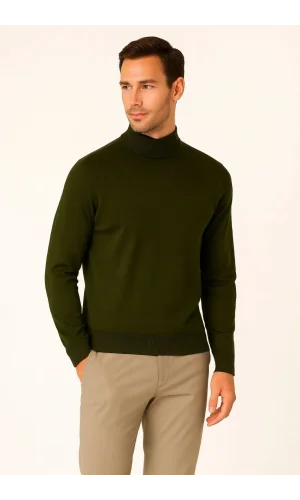 Erkek Yarım Boğaz Triko Kazak yumuşak dokulu Pamuklu ince Dokuma, uzun kollu Rahat Regular kalıp - Haki