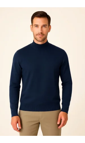 Erkek Yarım Boğaz Triko Kazak yumuşak dokulu Pamuklu ince Dokuma, uzun kollu Rahat Regular kalıp - Lacivert