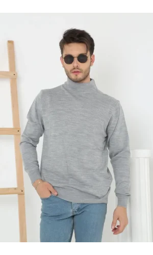 Erkek Yarım Boğaz Triko Kazak yumuşak dokulu Pamuklu ince Dokuma, uzun kollu Rahat Regular kalıp - Gri