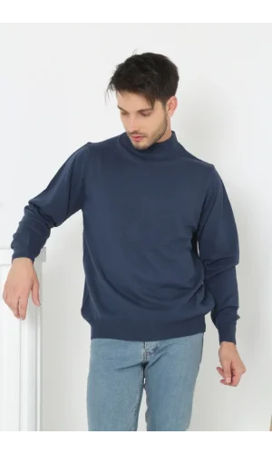 Erkek Yarım Boğaz Triko Kazak yumuşak dokulu Pamuklu ince Dokuma, uzun kollu Rahat Regular kalıp - İndigo
