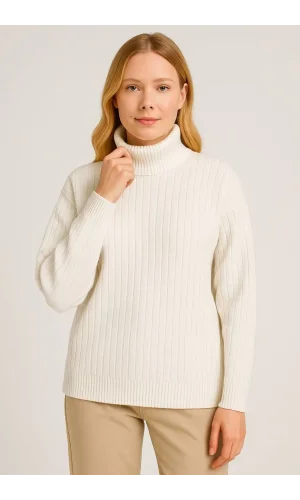 Kadın Balıkcı Yaka Bağazlı Triko Kazak Pamuklu Kalın Fitilli Dokuma - Beyaz
