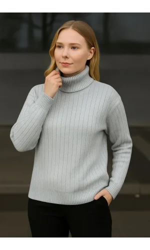 Kadın Balıkcı Yaka Bağazlı Triko Kazak Pamuklu Kalın Fitilli Dokuma - Gri