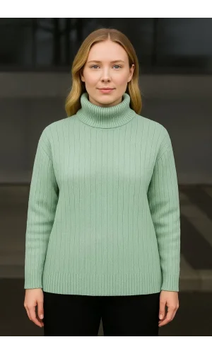 Kadın Balıkcı Yaka Bağazlı Triko Kazak Pamuklu Kalın Fitilli Dokuma - Mint Yeşili