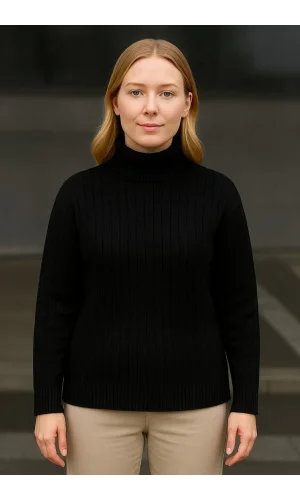 Kadın Balıkcı Yaka Bağazlı Triko Kazak Pamuklu Kalın Fitilli Dokuma - Siyah