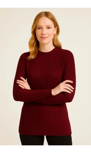 Kadın Bisiklet Yuvarlak Yaka Triko Kazak Pamuklu Kalın Fitilli Dokuma, Regular Fit Uzun Kollu Kışlık Model - Bordo
