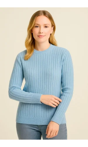 Kadın Bisiklet Yuvarlak Yaka Triko Kazak Pamuklu Kalın Fitilli Dokuma, Regular Fit Uzun Kollu Kışlık Model - Bebe Mavisi