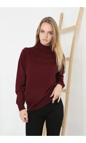 Kadın Yarım Boğaz Triko Kazak yumuşak dokulu Pamuklu ince Dokuma, uzun kollu Rahat Regular kalıp - Bordo