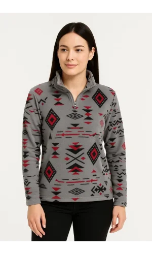 Kadın Yarım Fermuarlı Desenli Polar Sweat Tribal Etnik Desen Yakalı, Uzun Kollu, Oversize Rahat Kalıp - Füme