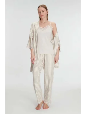 Anıl 11215 Kadın Sabahlık Atlet Pantolon Takım 3lü Pamuklu Gecelik Set