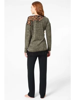 Anıl 9084 Uzun Kol Bisiklet Yaka Polyester Elastan düz Kışlık Örme Normal Bel Transparan Tül Detaylı Pijama Takımı