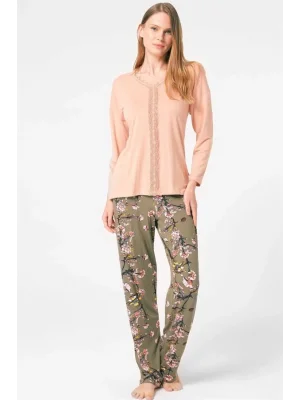 Anıl 9843 Uzun Kol V Yaka Viskon Çiçek Desenli Kışlık Örme Normal Bel Dantel Detaylı Pijama Takımı