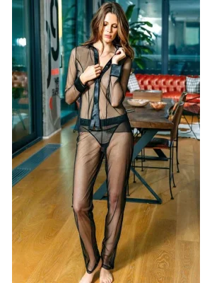 Kadın Tül Önden Düğmeli Uzun Kollu Gömlek String ve Pantolon Pijama 3lü Takım (9606)