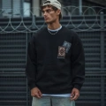 Erkek 3 iplik Pamuklu Bisiklet Yaka Baskılı SweatShirt - Siyah