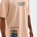 Erkek  Bisiklet Yaka Baskılı Oversize T-Shirt - Bej
