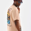 Erkek  Bisiklet Yaka Baskılı Oversize T-Shirt - Bej