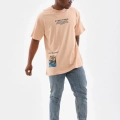 Erkek  Bisiklet Yaka Baskılı Oversize T-Shirt - Bej