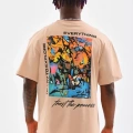 Erkek  Bisiklet Yaka Baskılı Oversize T-Shirt - Bej