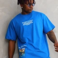 Erkek Bisiklet Yaka Baskılı Oversize T-Shirt - Mavi