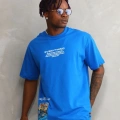 Erkek Bisiklet Yaka Baskılı Oversize T-Shirt - Mavi