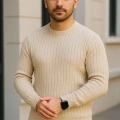Erkek Bisiklet Yaka Triko Kazak Pamuklu Kalın Fitilli Dokuma Regular Fit - Bej