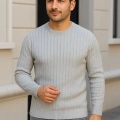 Erkek Bisiklet Yaka Triko Kazak Pamuklu Kalın Fitilli Dokuma Regular Fit - Gri