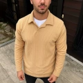 Erkek Fitilli Polar Sweatshirt Düğmesiz Yaka Oversize - Bej