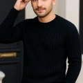 Erkek Fitilli Triko Kazak 2’li Set Siyah Bordo Kalın Dokuma Pamuklu Regular Fit Bisiklet