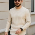 Erkek Fitilli Triko Kazak 3’lü Set Bej Beyaz Siyah | Kalın Dokuma Pamuklu Regular Fit