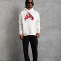 Erkek Kapüşonlu Cepli Boks Eldiven Baskılı 3 İplik Sweatshirt Hoodie - Beyaz