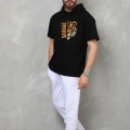 Erkek Kapüşonlu Kısa Kol Oversize Baskılı T-Shirt - Siyah
