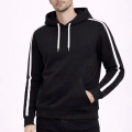 Erkek Şeritli Kapüşonlu Sweatshirt Oversize 3 iplik Pamuklu Hoodei - Siyah