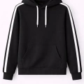 Erkek Şeritli Kapüşonlu Sweatshirt Oversize 3 iplik Pamuklu Hoodei - Siyah